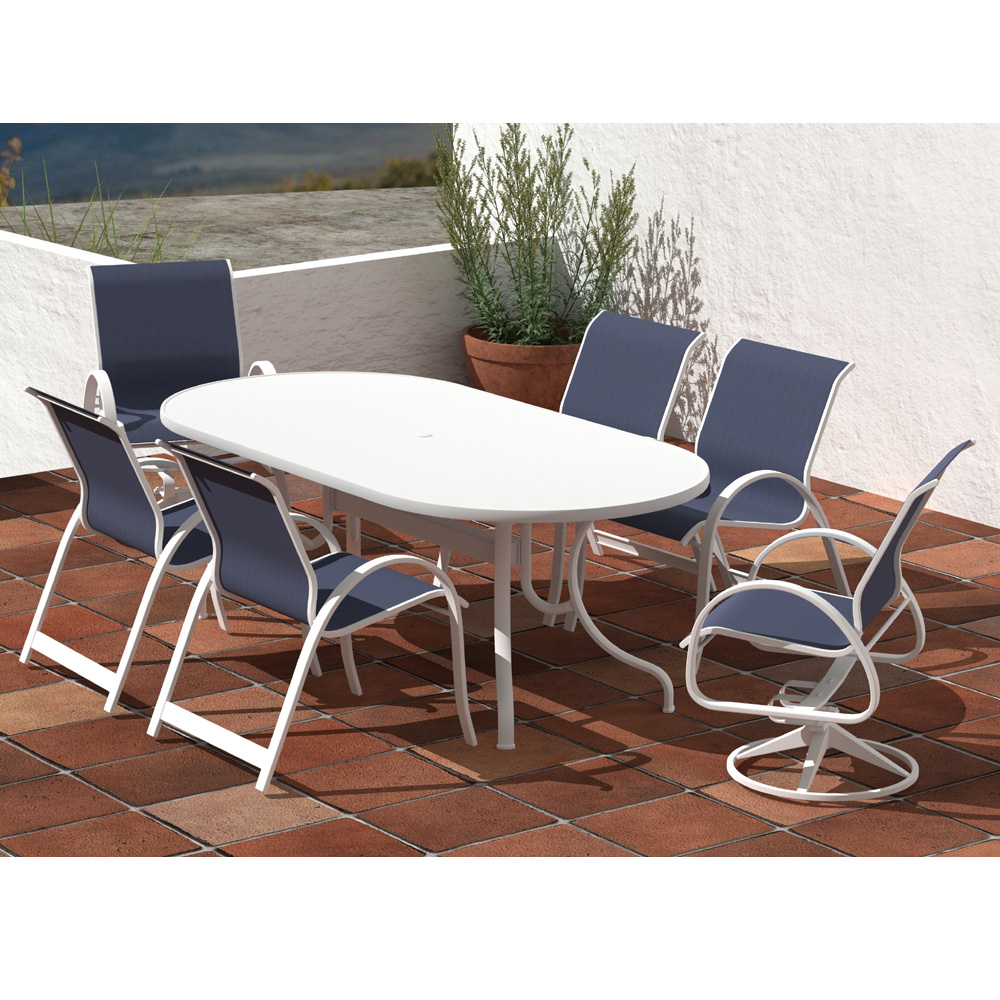 Telescope Casual Aruba Sling Dining Set for 6 in White with Navy Slings - In Stock - TC-QS-SET30