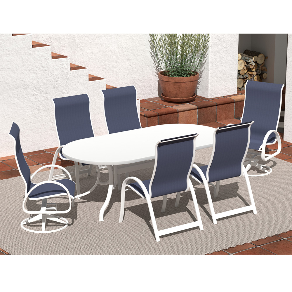 Telescope Casual Aruba Sling Supreme Dining Set for 6 in White with Navy Slings - In Stock - TC-QS-SET38
