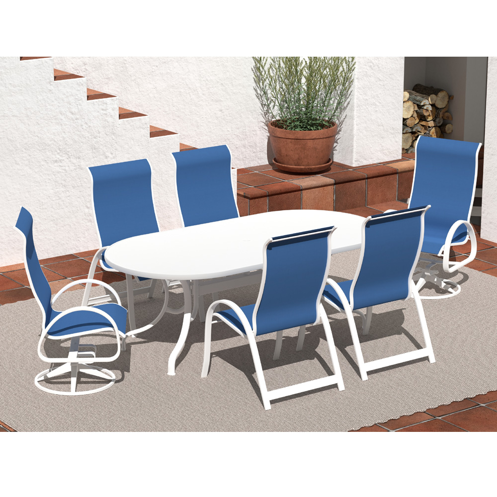 Telescope Casual Aruba Sling Supreme Dining Set for 6 in White with Cobalt Slings - In Stock - TC-QS-SET39