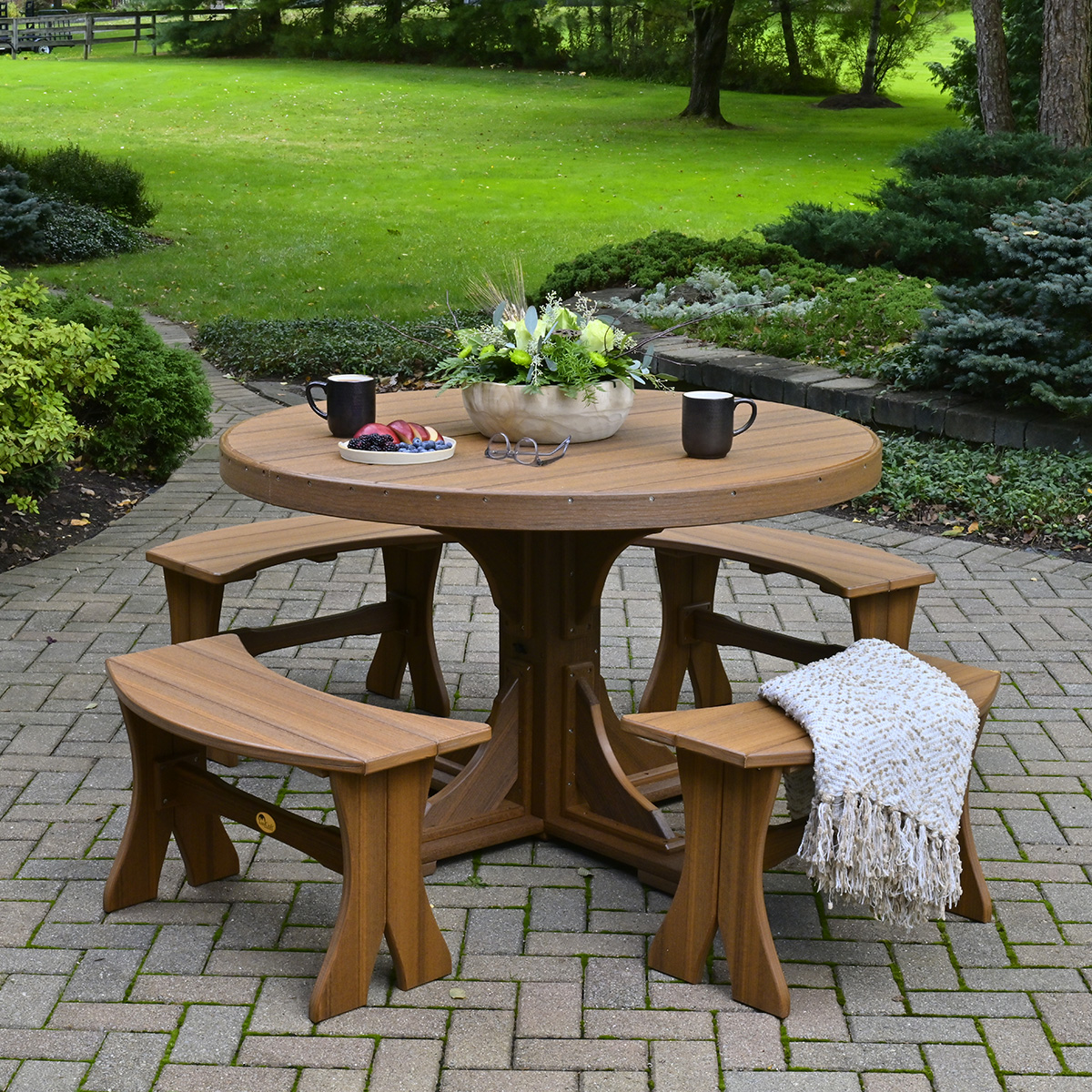 LuxCraft Classic Round Poly Patio Dining Set with Benches - Antique Mahogany