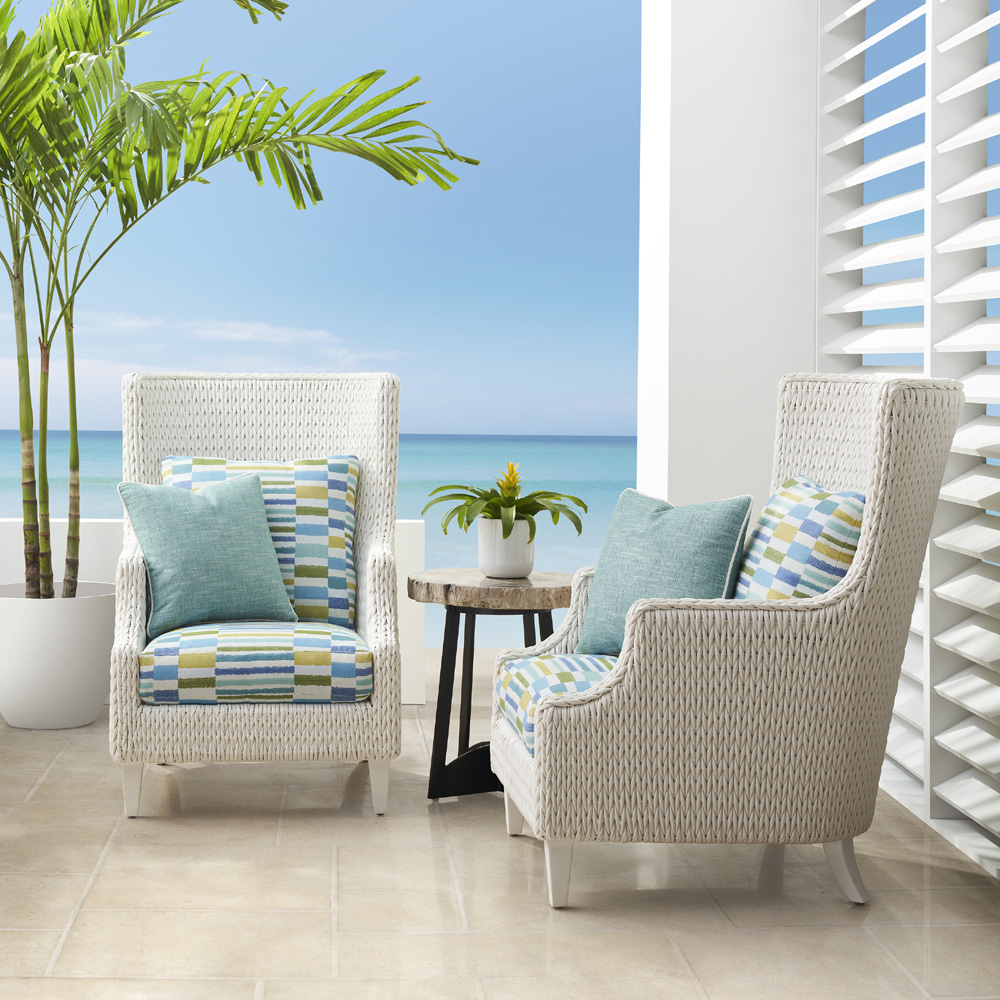 Blue and white store wicker chairs